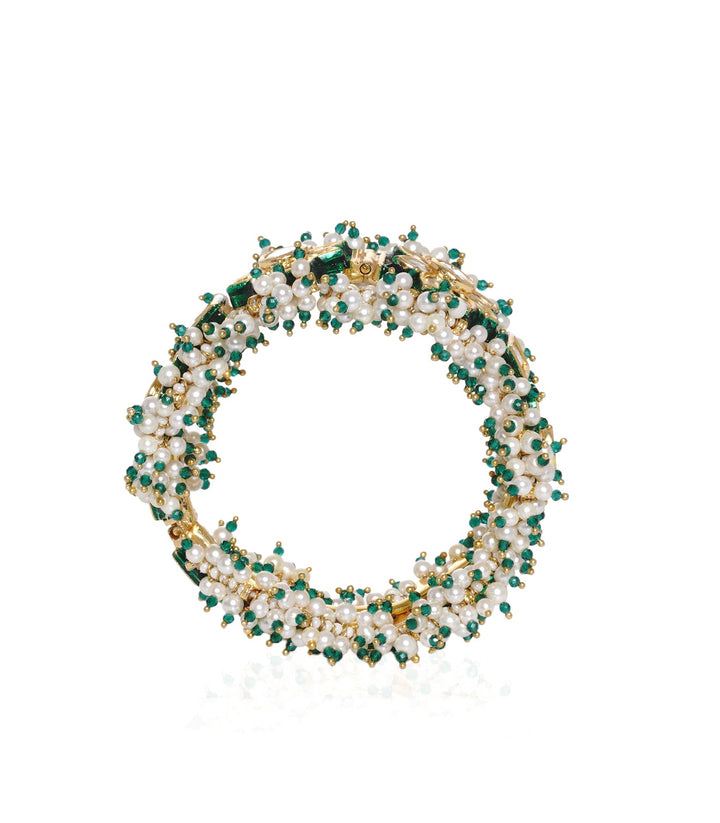 VISHNUPRIYA GOLD PLATED WHITE & GREEN KUNDAN BANGLE
