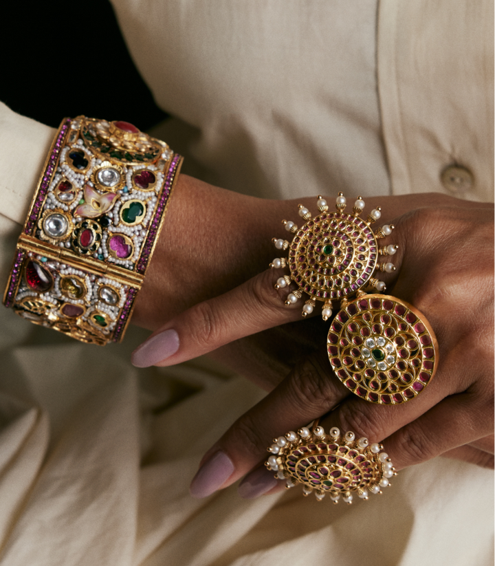 MANDALA RED & GREEN KUNDAN RING