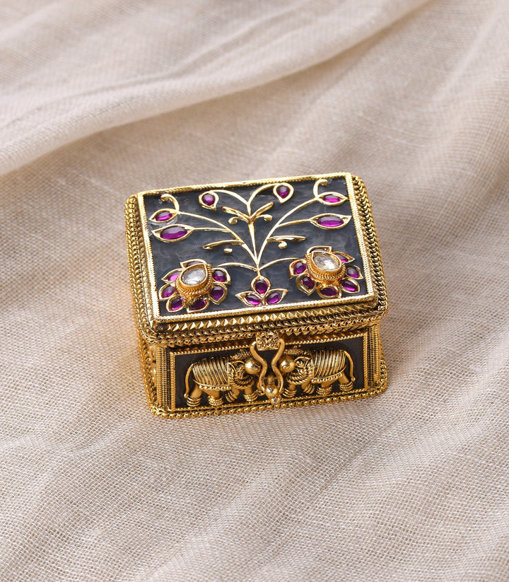 GOLD PLATED SQUARE GREEN KUNDAN SINDOOR BOX