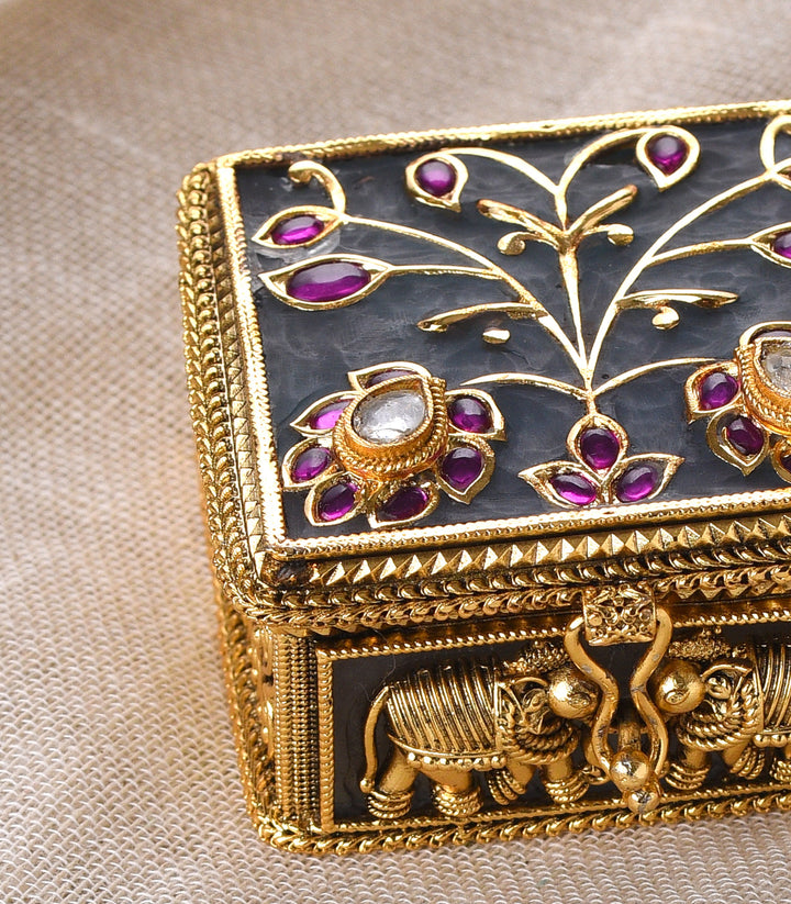 GOLD PLATED SQUARE GREEN KUNDAN SINDOOR BOX