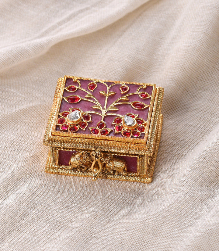 GOLD PLATED SQUARE PINK KUNDAN SINDOOR BOX