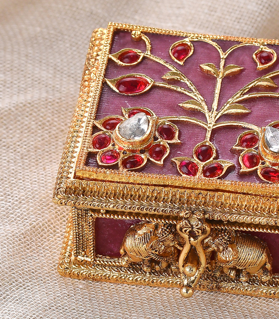 GOLD PLATED SQUARE PINK KUNDAN SINDOOR BOX