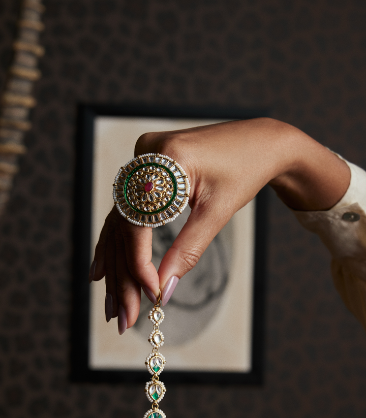 DHRISHA RED & GREEN KUNDAN RING