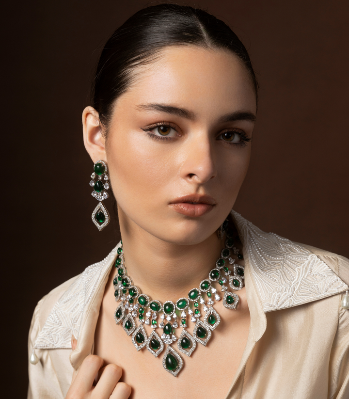 KAUSHIKI SILVER FINISH GREEN ZIRCON NECKLACE SET