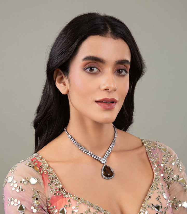 JAYASWI SILVER FINISH BROWN ZIRCON NECKLACE SET