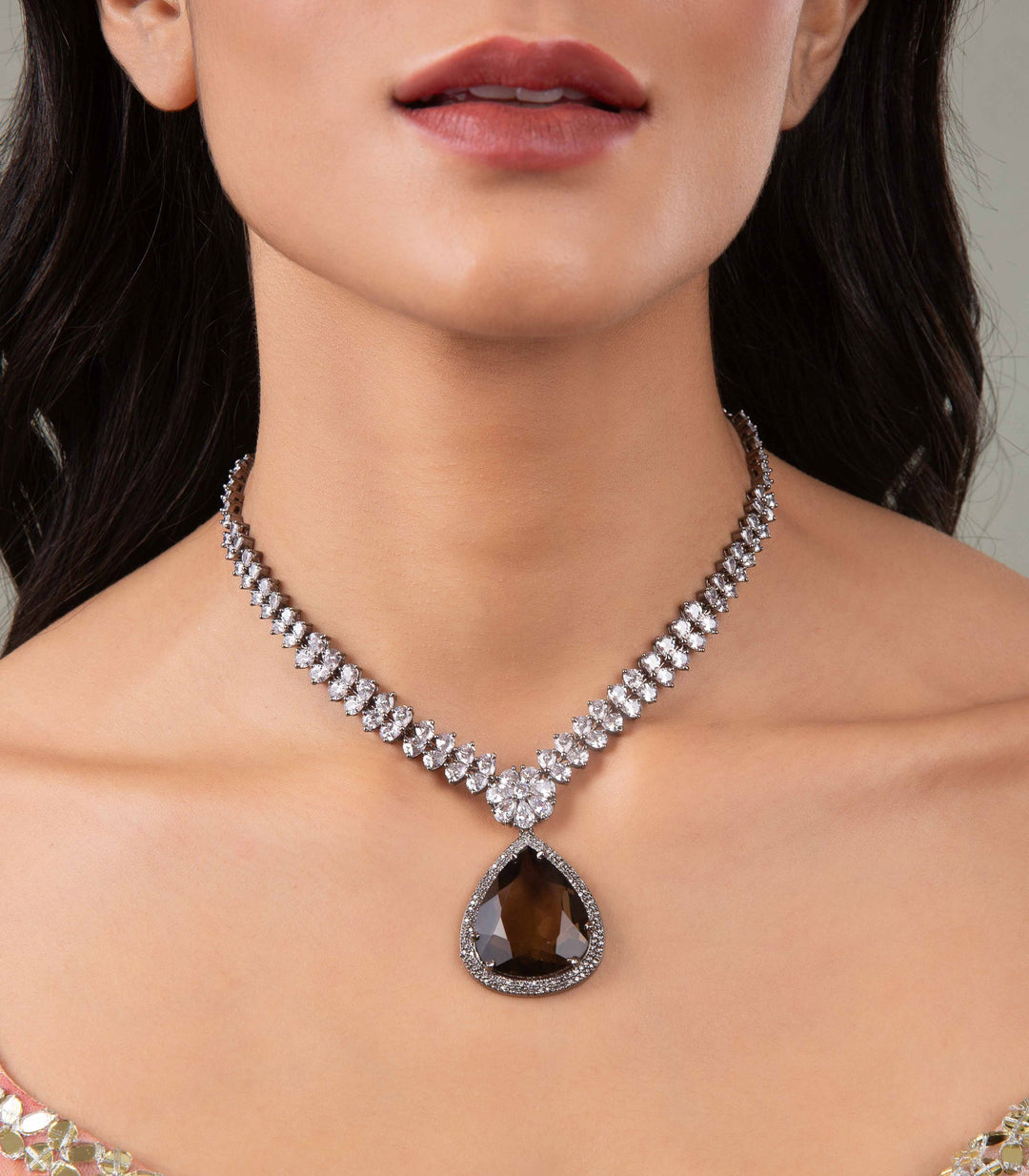 JAYASWI SILVER FINISH BROWN ZIRCON NECKLACE SET