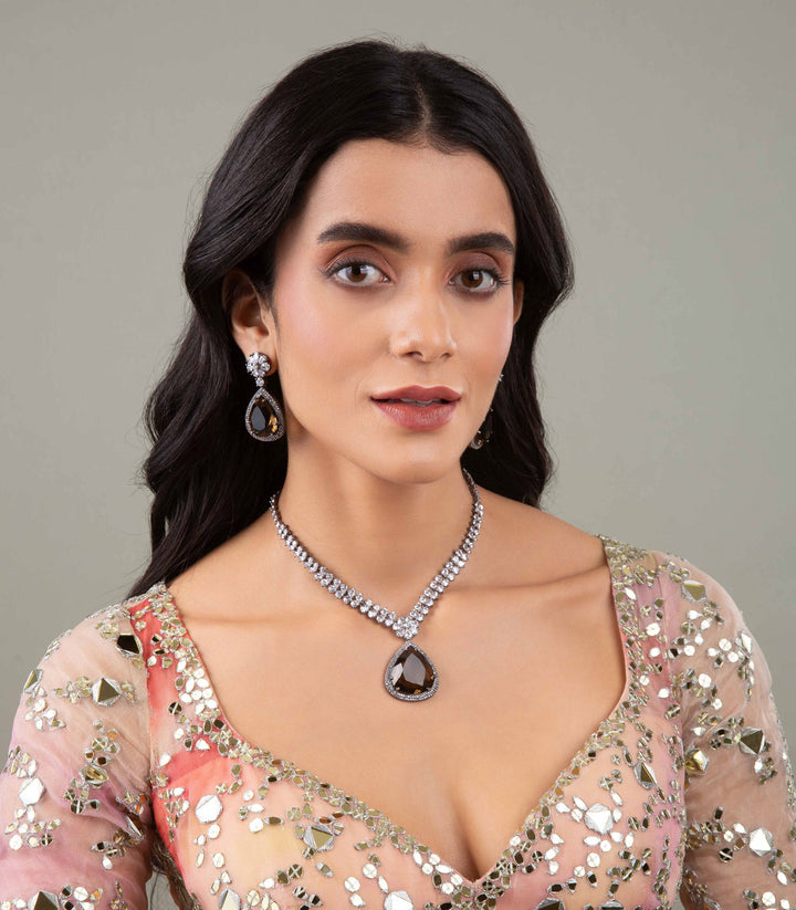 JAYASWI SILVER FINISH BROWN ZIRCON NECKLACE SET