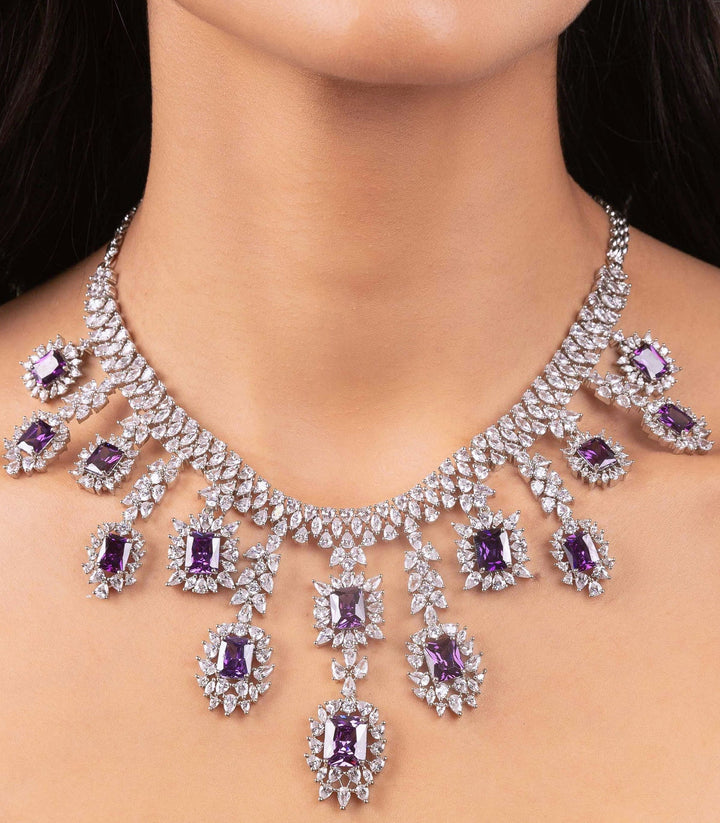 HARSHITA SILVER FINISH PURPLE NECKLACE SET