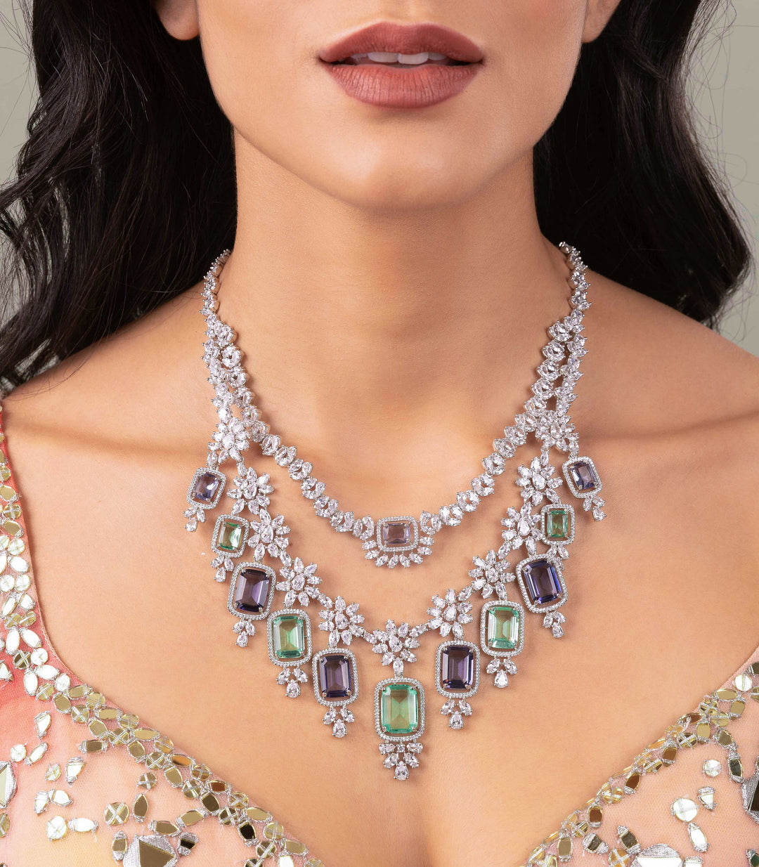 ANKITA SILVER BLUE & GREEN NECKLACE SET