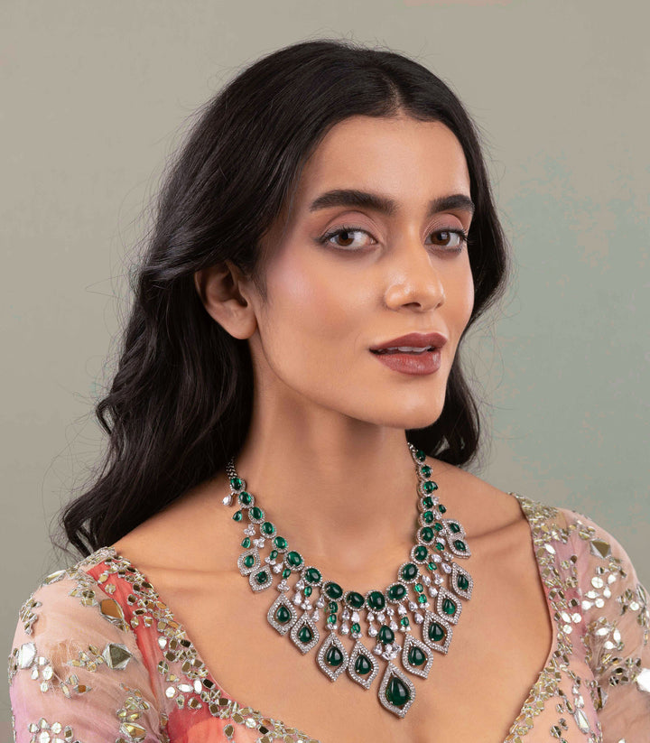 KAUSHIKI SILVER FINISH GREEN ZIRCON NECKLACE SET