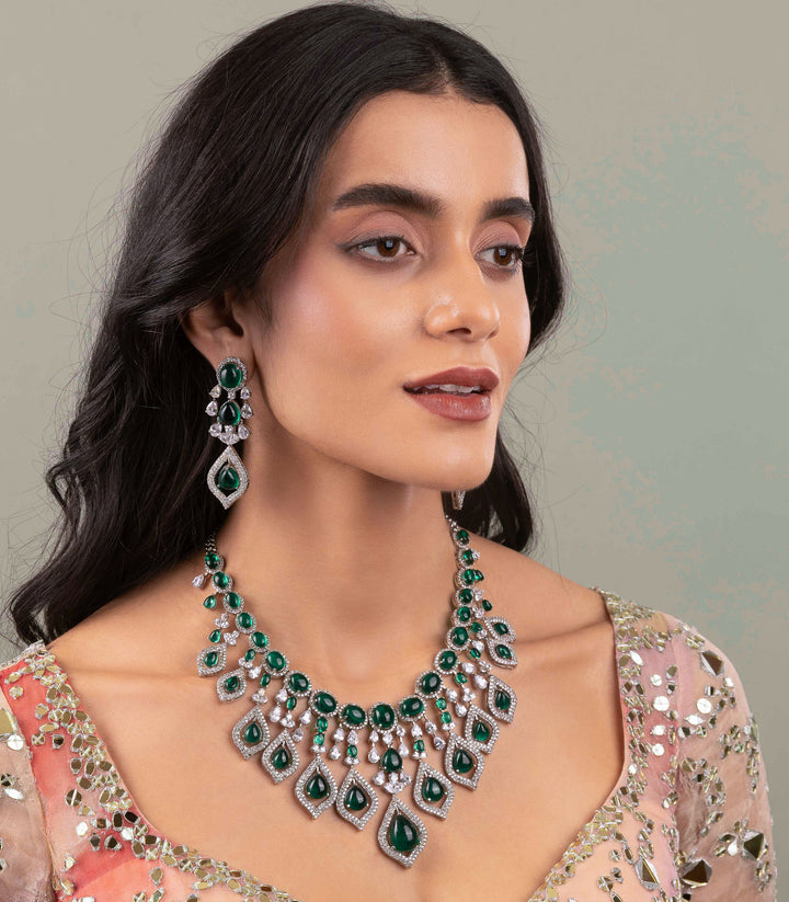KAUSHIKI SILVER FINISH GREEN ZIRCON NECKLACE SET