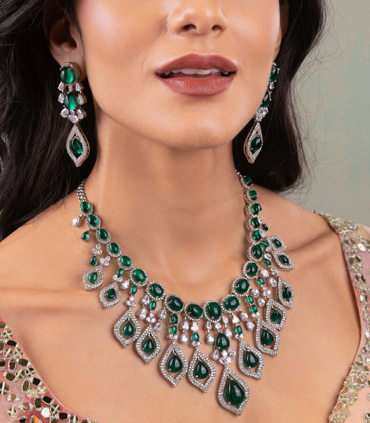 KAUSHIKI SILVER FINISH GREEN ZIRCON NECKLACE SET