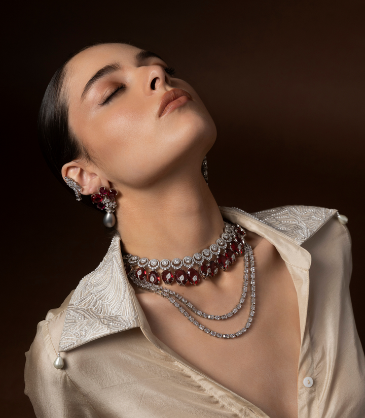 RAKUL SILVER FINISH ZIRCON LONG NECKLACE