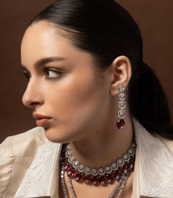 KARALIKA SILVER FINISH RED ZIRCON NECKLACE SET