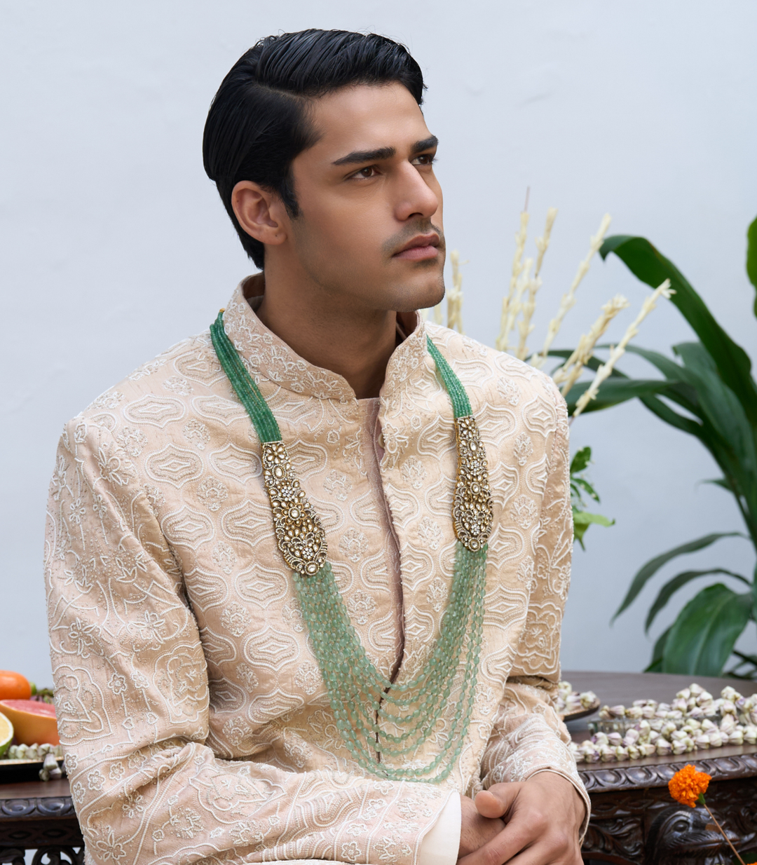 SHREST ANTIQUE FINISH GREEN POLKI GROOM NECKLACE