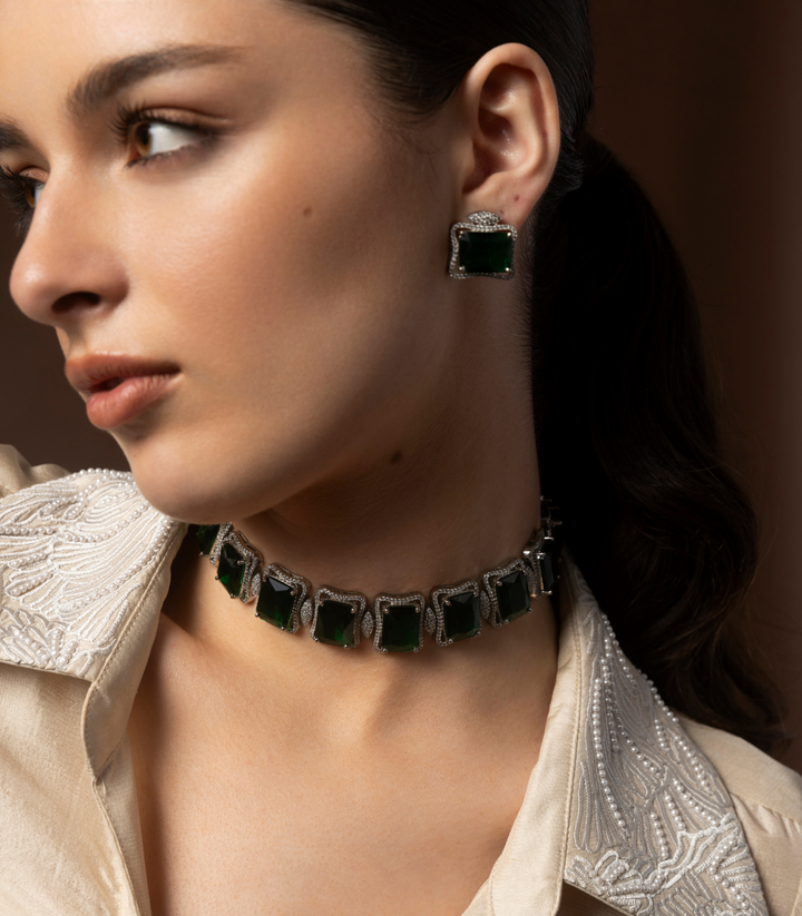 MANASVINI SILVER FINISH GREEN  NECKLACE SET