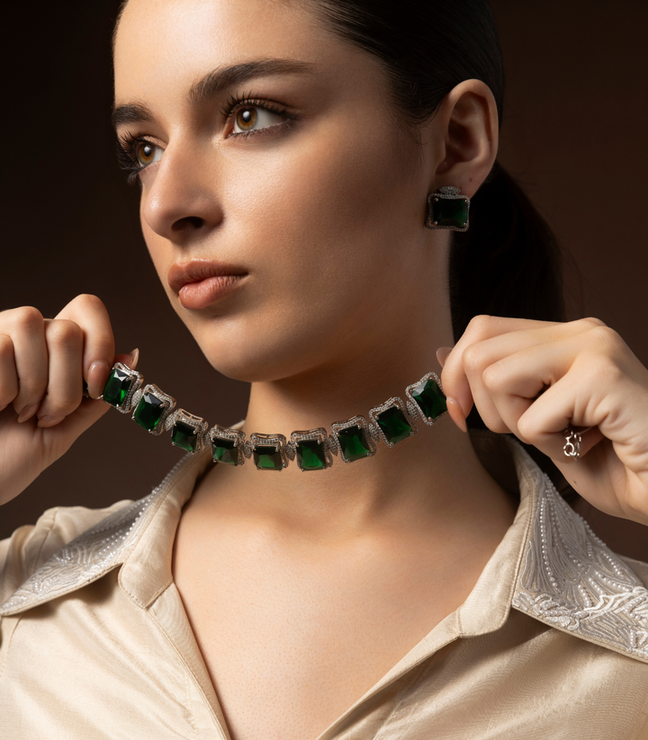 MANASVINI SILVER FINISH GREEN  NECKLACE SET