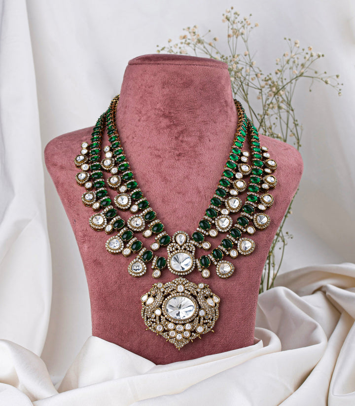 TANVI ANTIQUE GOLD FINISH GREEN POLKI PENDANT SET
