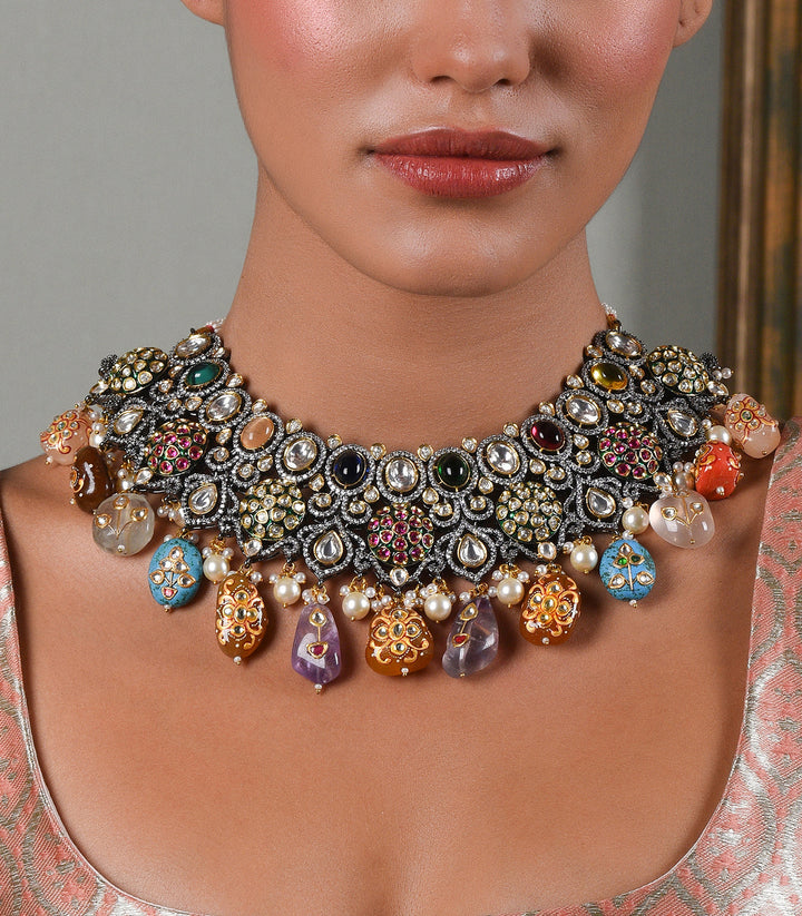 SVARA ANTIQUE FINISH NAVRATAN NECKLACE SET