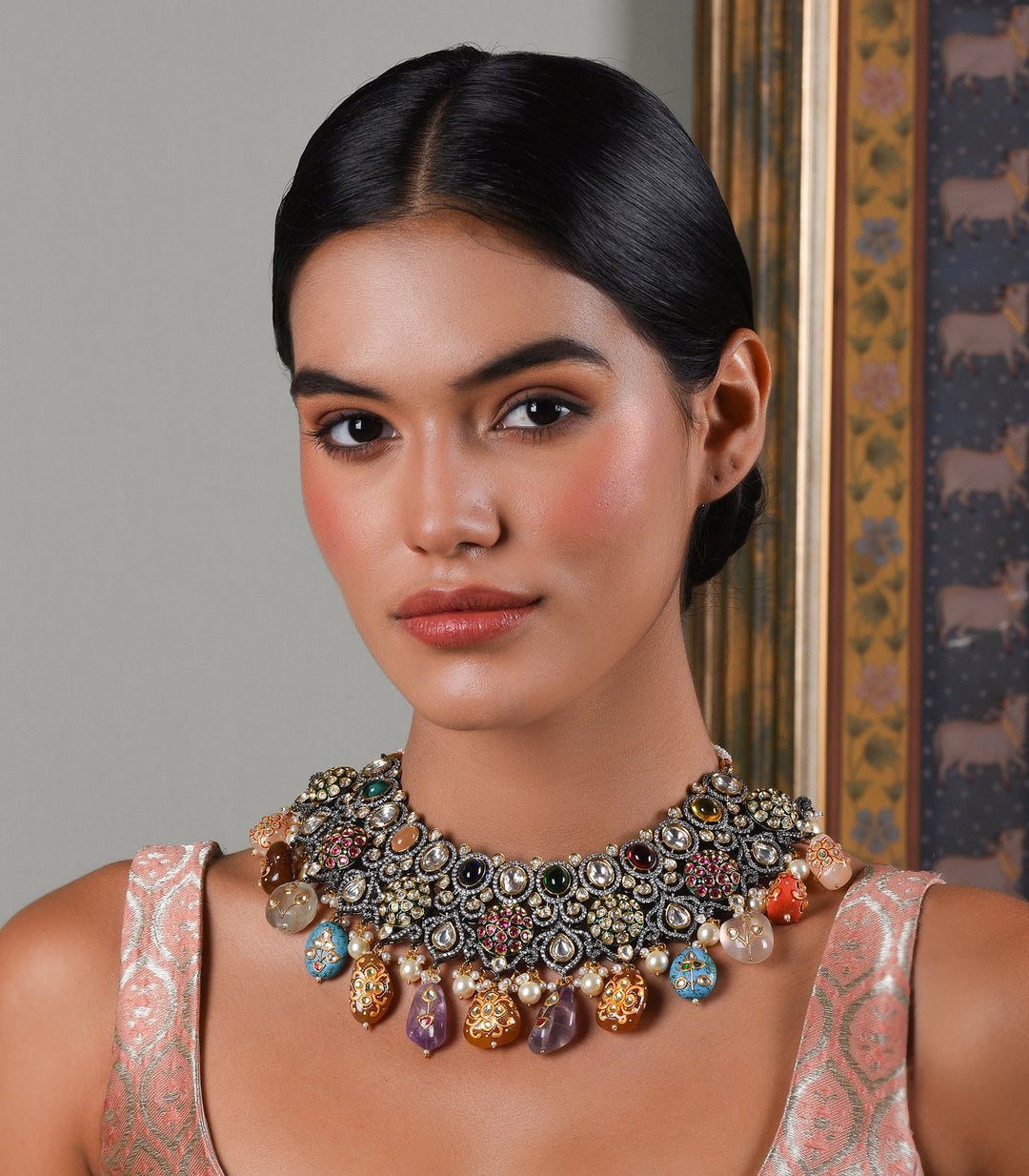 SVARA ANTIQUE FINISH NAVRATAN NECKLACE SET