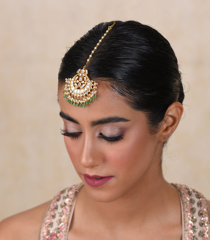 YOGESHWARI GREEN KUNDAN TIKA WITH PEARL & GREEN ONYX DROPS