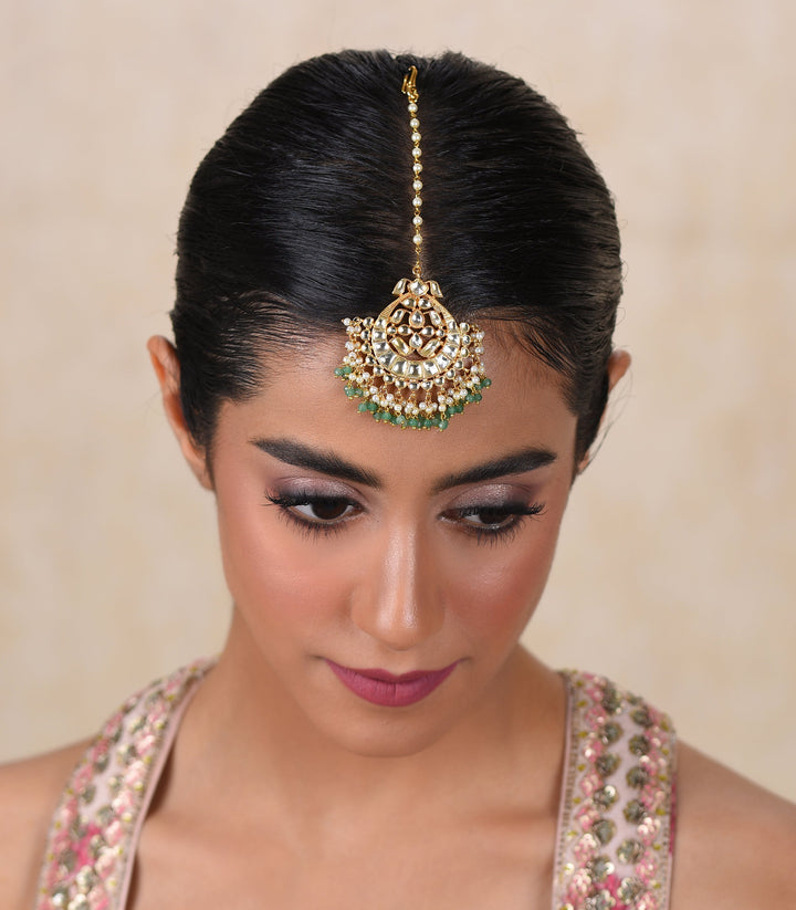 YOGESHWARI GREEN KUNDAN TIKA WITH PEARL & GREEN ONYX DROPS