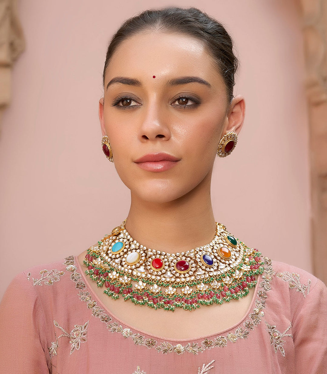 KOMAL RED & GREEN KUNDAN NECKLACE SET