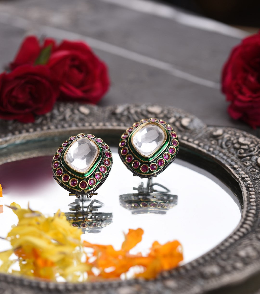 DARSHANA Antique Finish Red & Green Meena Polki Square Stud