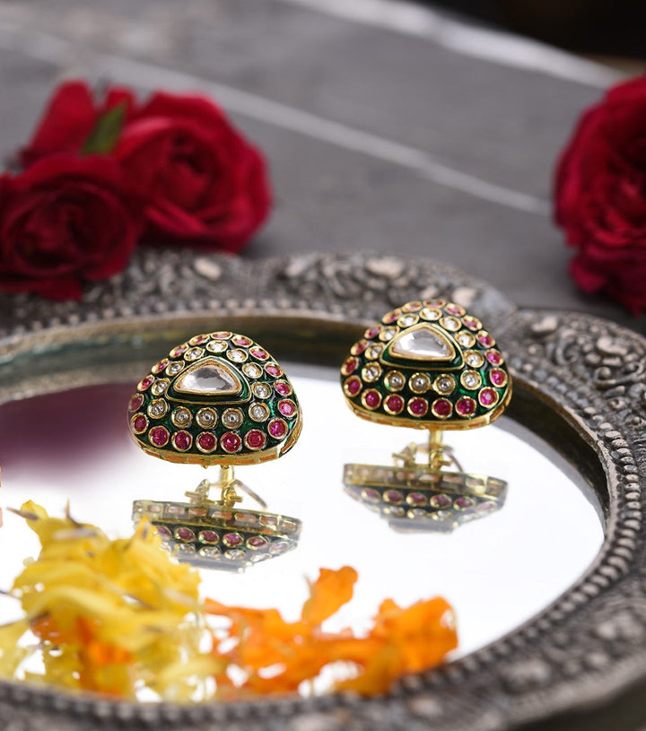 AARUNYA Antique Finish Red & Green Meena Polki Stud