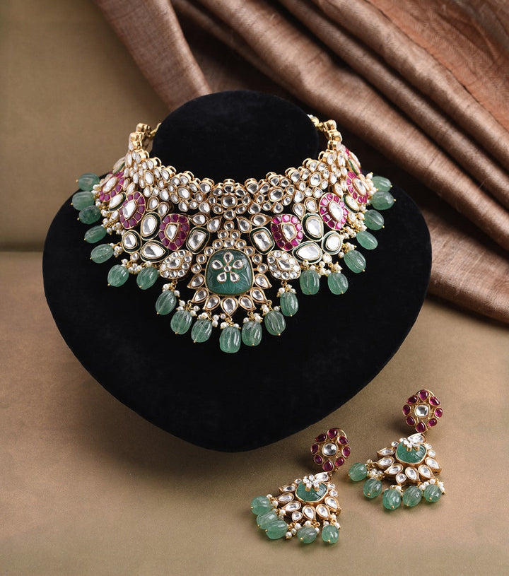 NIHARIKA RED & GREEN POLKI NECKLACE SET