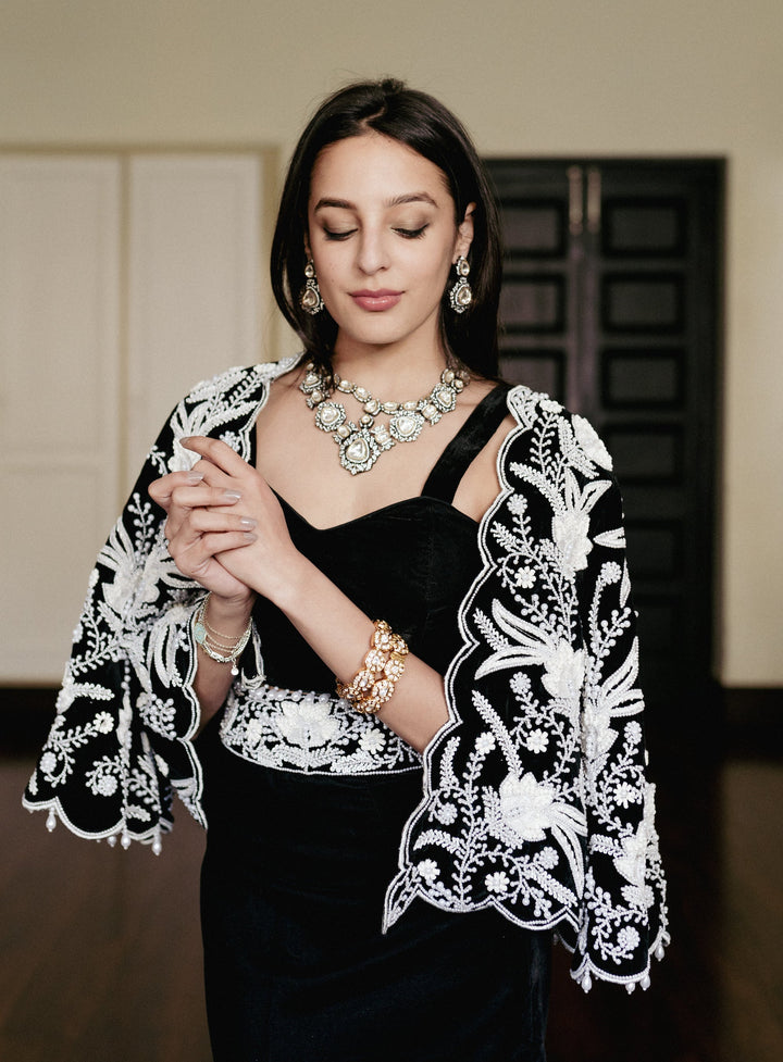 TANVIKA DARK OXIDIZED TWO LINE POLKI NECKLACE SET