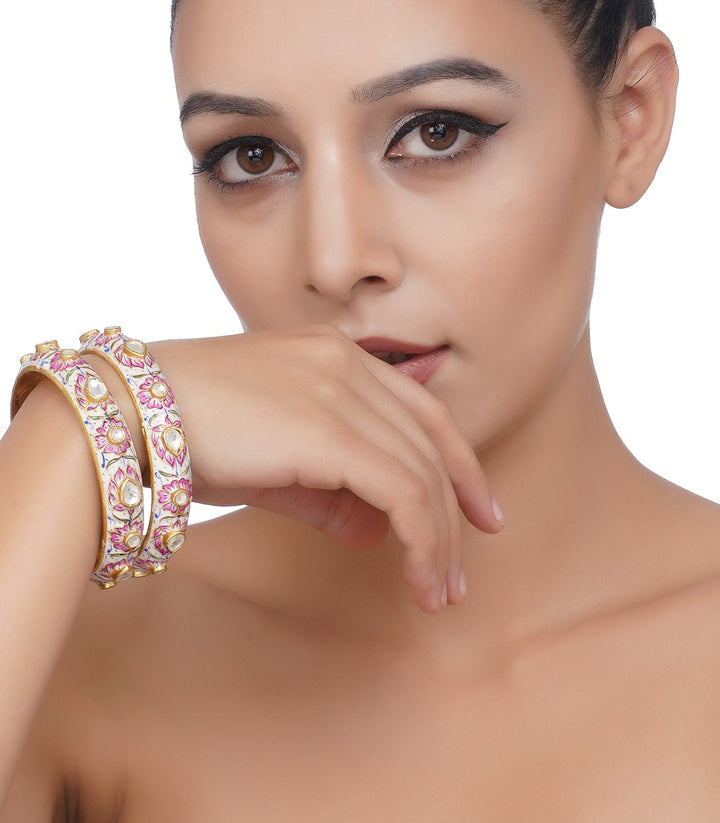 UDYATI GOLD PLATED PINK FLOWER MEENA BANGLES
