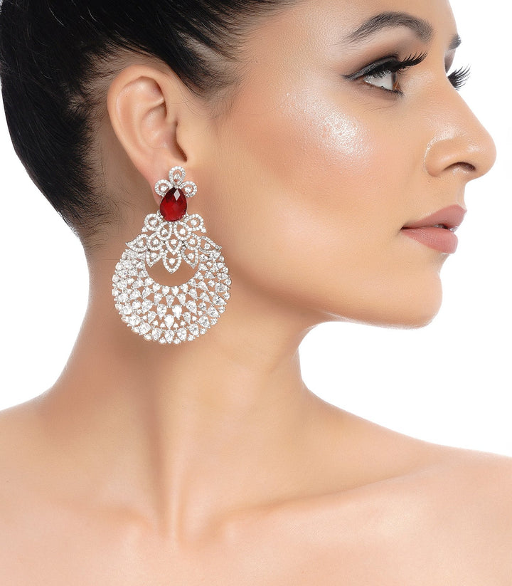 SILVER RUBY ZIRCON CHARM CHANDBALI EARRING