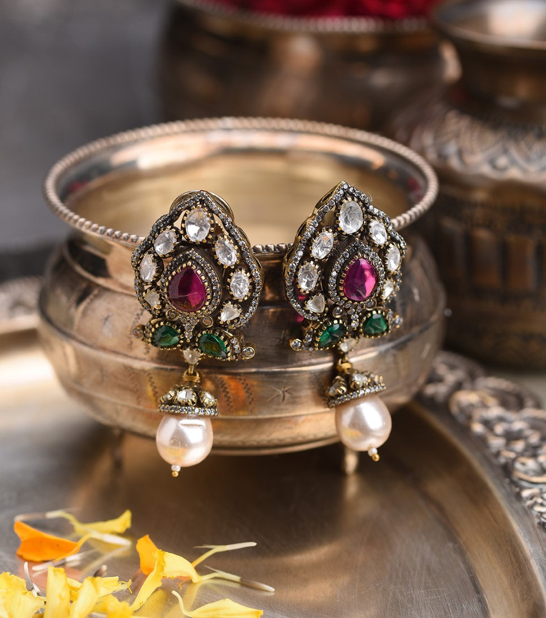 Drishana Antique Finish Ruby & Green Stud With Pearls