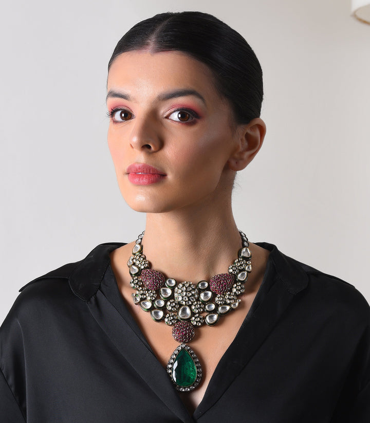 AADYA RED & GREEN POLKI NECKLACE SET