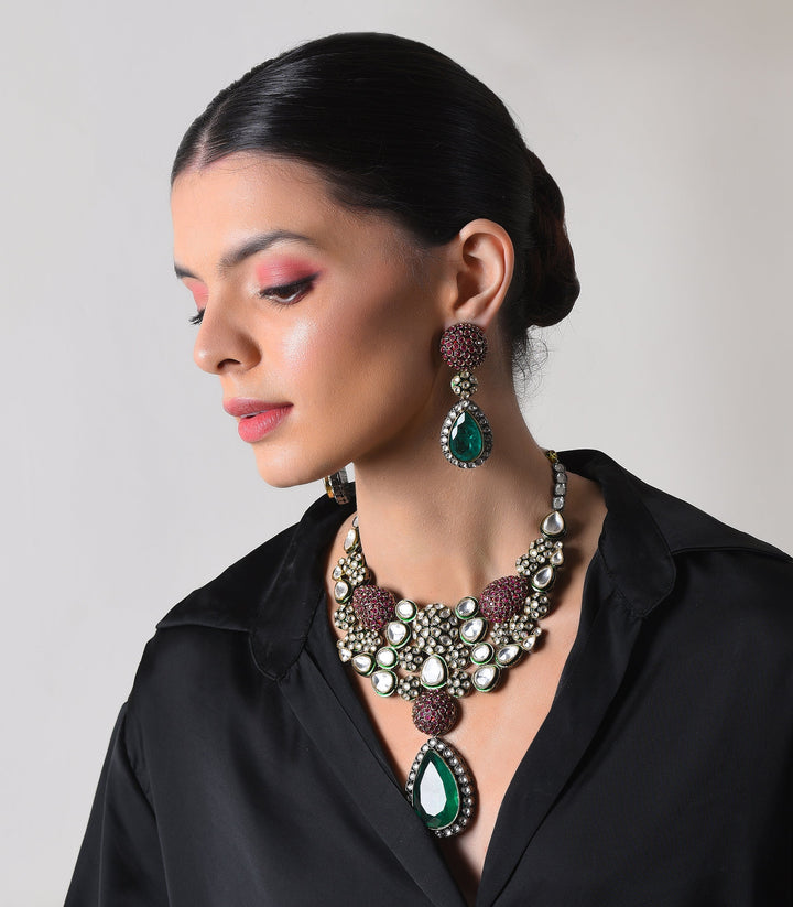 AADYA RED & GREEN POLKI NECKLACE SET