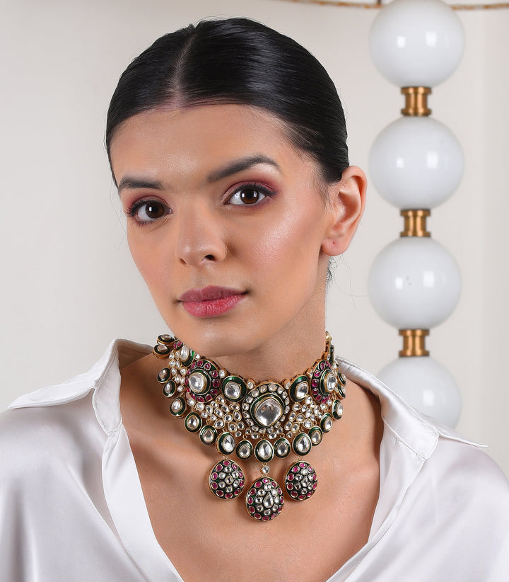 MONITA RED & GREEN POLKI NECKLACE SET