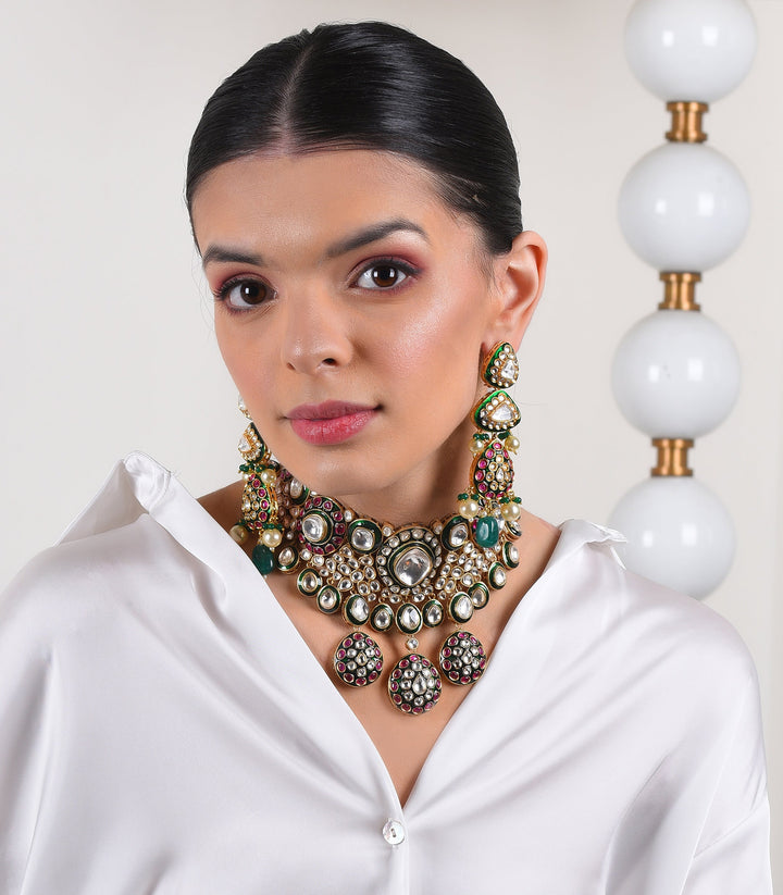 MONITA RED & GREEN POLKI NECKLACE SET