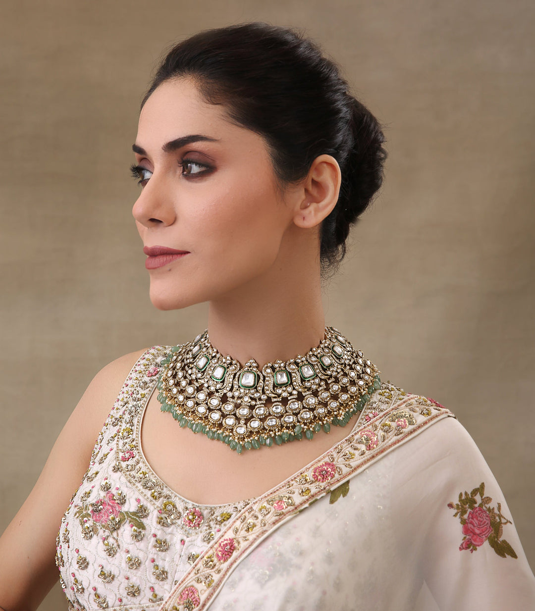 CHAARVI GREEN ANTIQUE GOLD FINISH POLKI NECKLACE