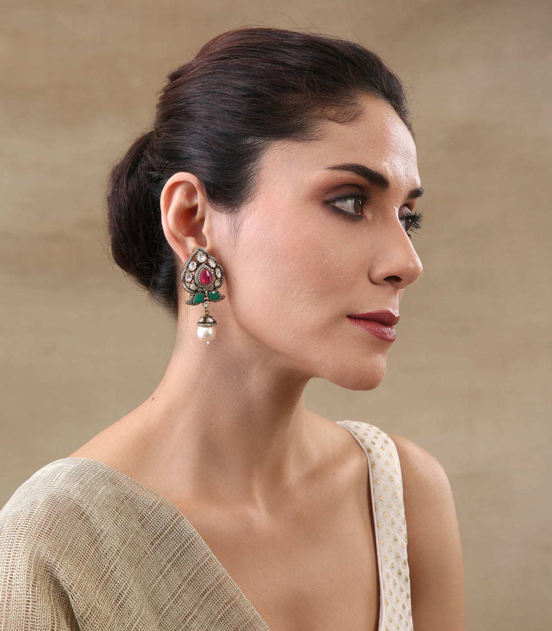 Drishana Antique Finish Ruby & Green Stud With Pearls