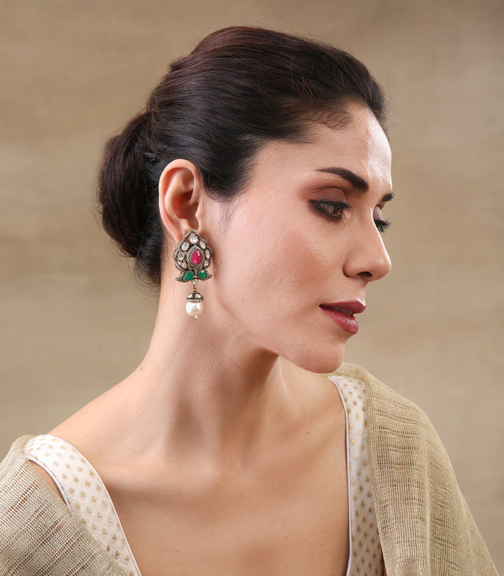 Drishana Antique Finish Ruby & Green Stud With Pearls