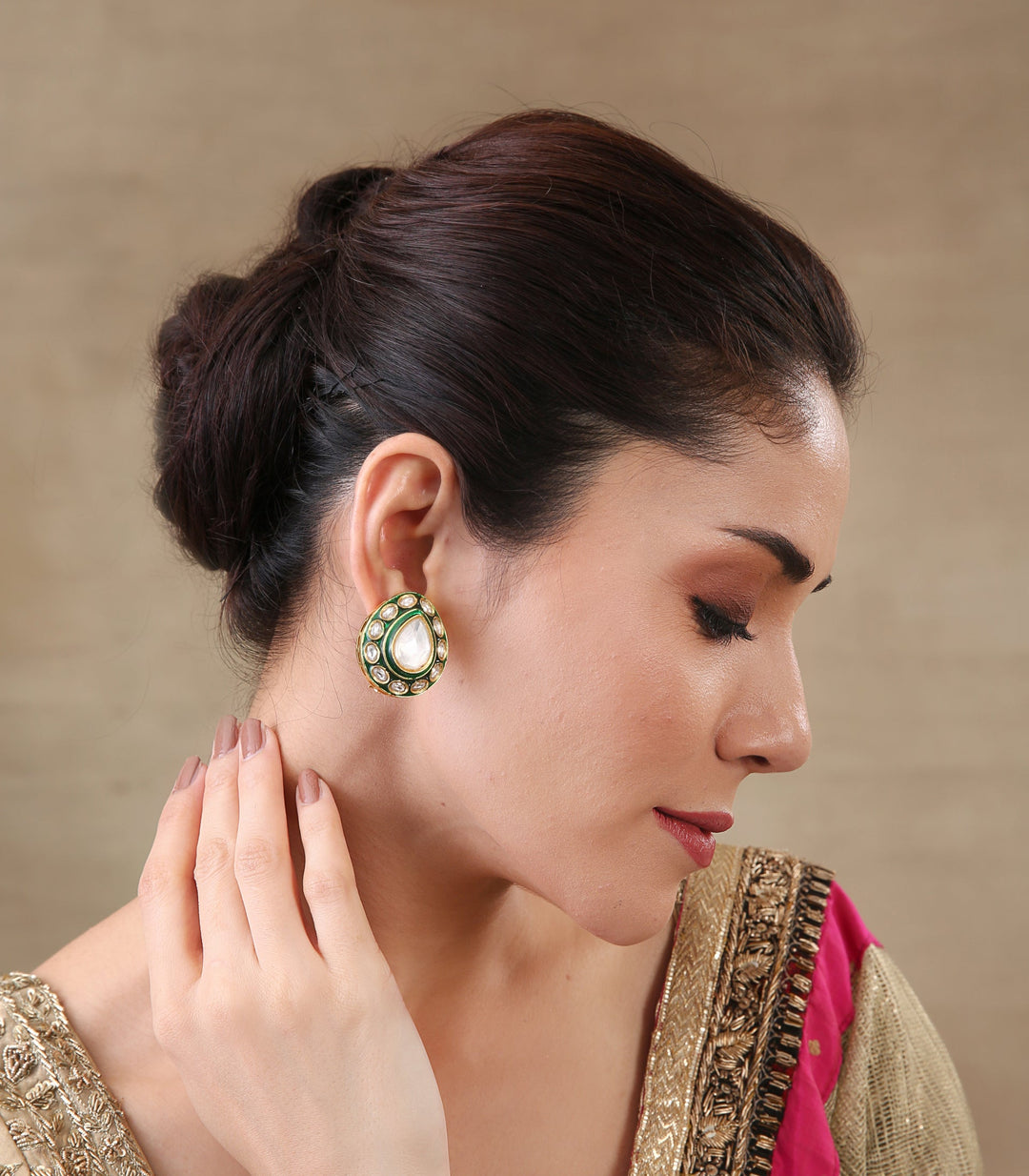 DIVIJA Gold Plated Green Meena Polki Earring