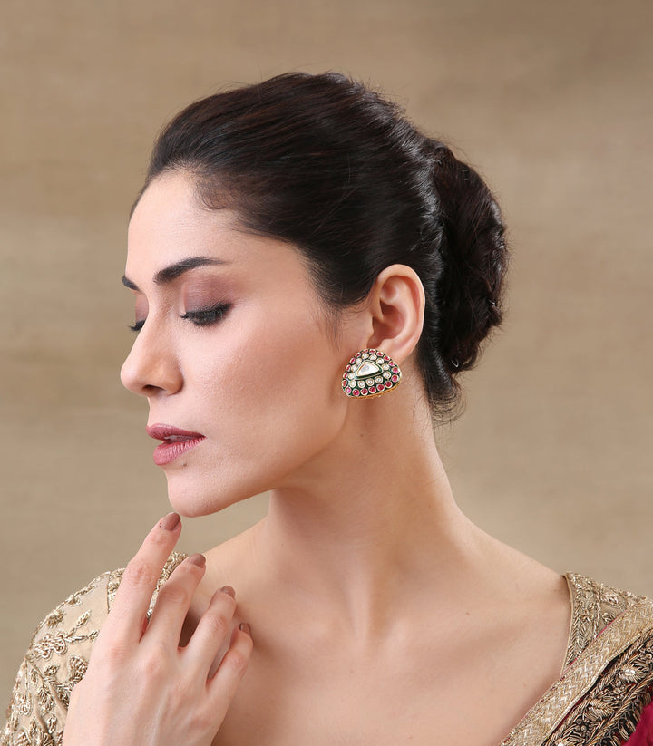 AARUNYA Antique Finish Red & Green Meena Polki Stud