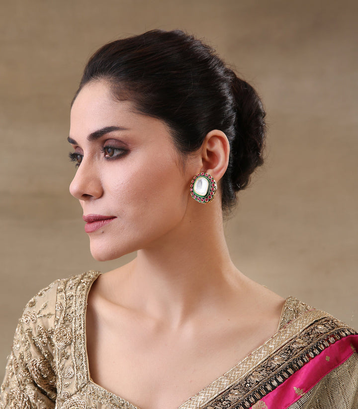 DARSHANA Antique Finish Red & Green Meena Polki Square Stud