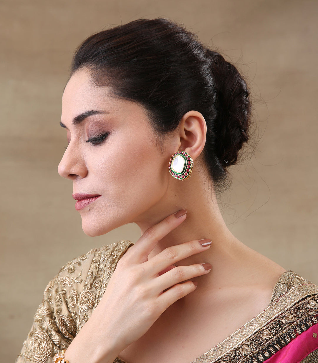 DARSHANA Antique Finish Red & Green Meena Polki Square Stud