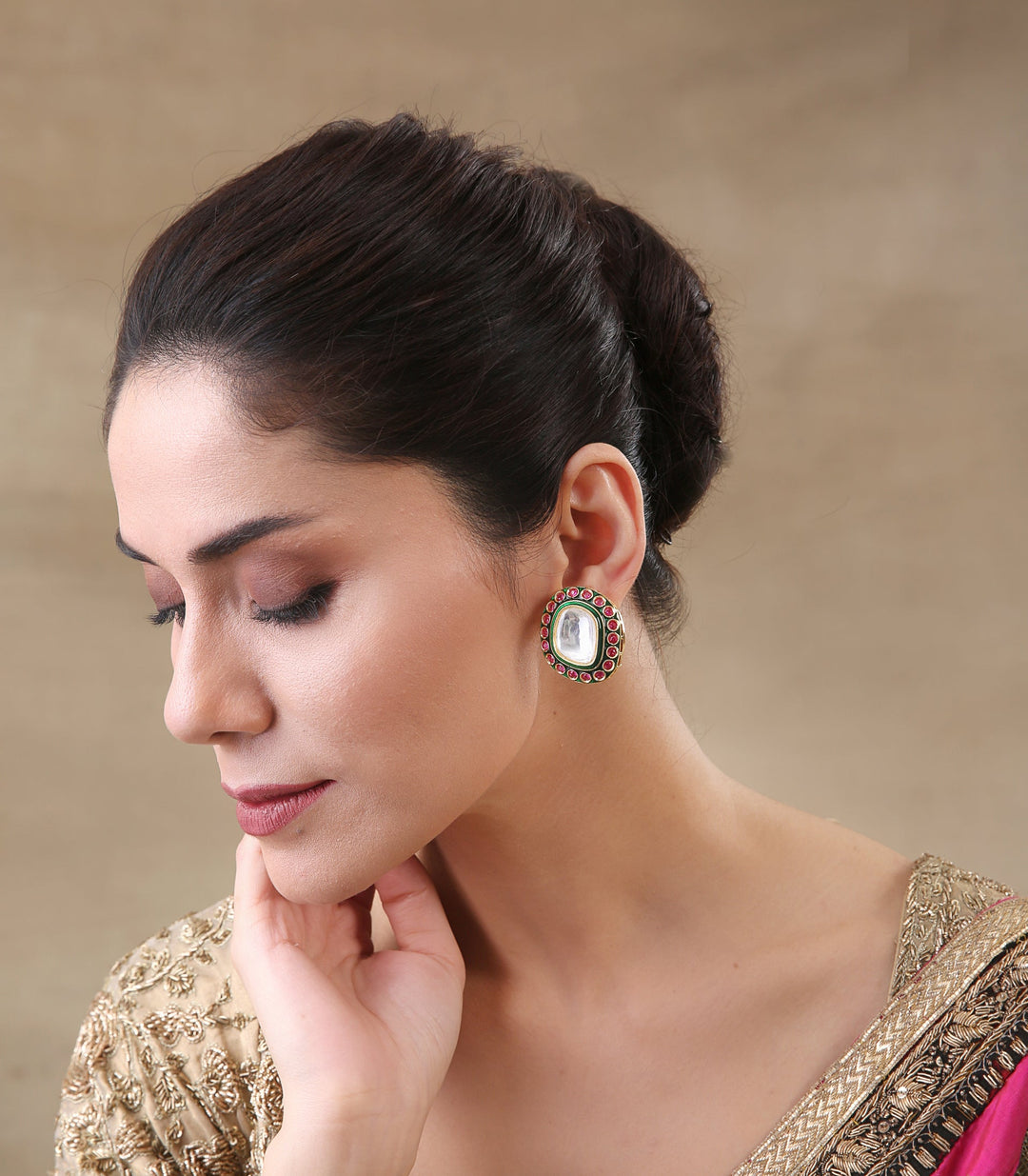 DARSHANA Antique Finish Red & Green Meena Polki Square Stud