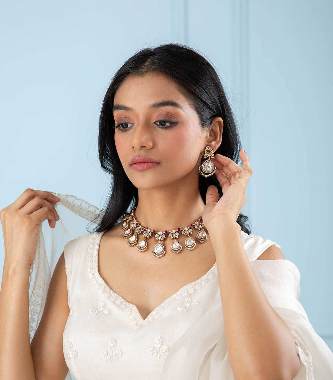 AASHNA RED ANTIQUE FINISH POLKI NECKLACE SET