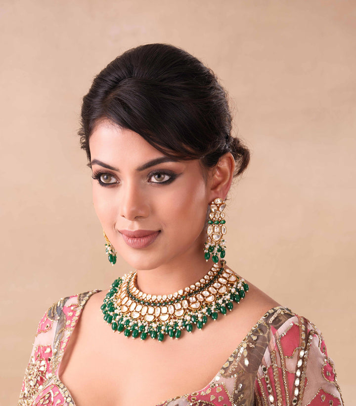 AZHA GREEN GOLD PLATED MOISSANITE  NECKLACE SET