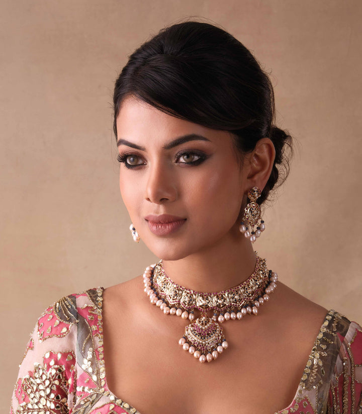 MITALI RED & BLUE JADAU NECKLACE SET WITH PEARLS