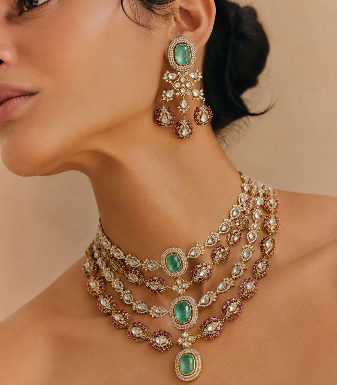 AVLEEN RED & MINT POLKI LONG NECKLACE SET